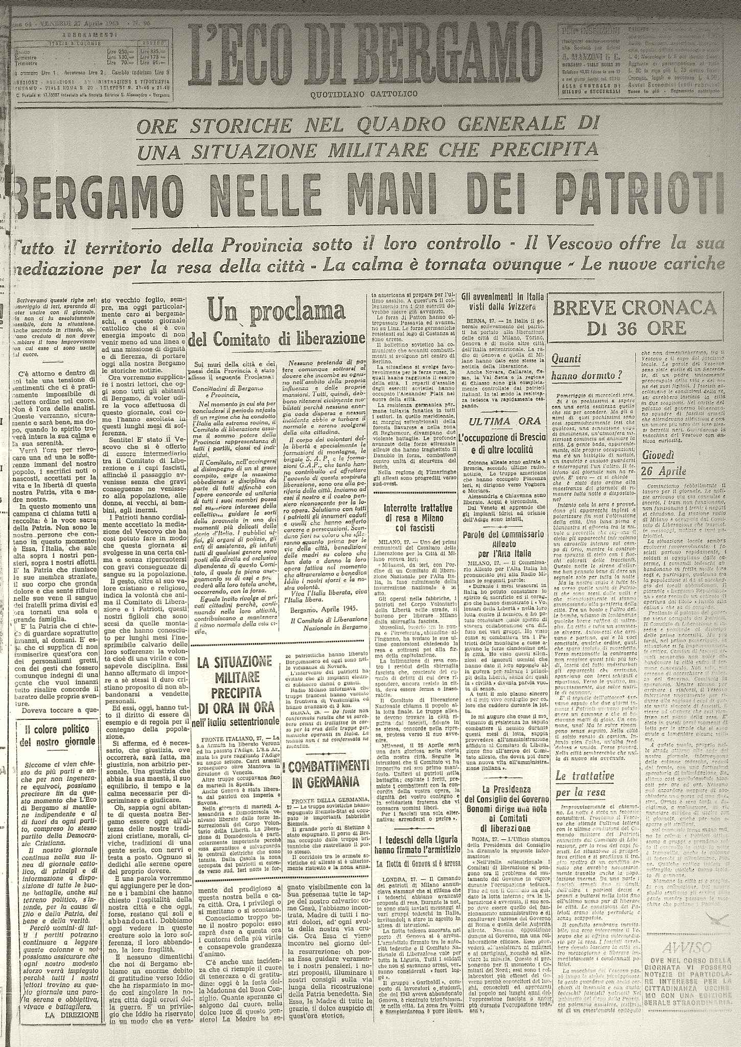 Prima pagina del giornale del 27 aprile 1945